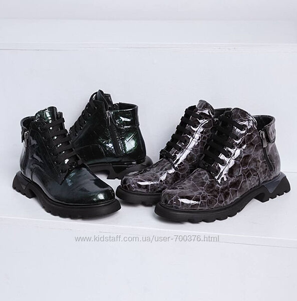 Черевики демі, натуральна лакова шкіра, смарагдові/сірі/чорні