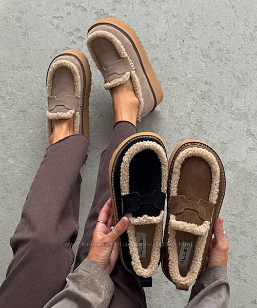 Сноубутси с хутром Teddy, натуральна замша, чорні/коричневі/беж