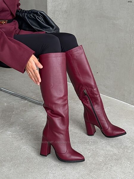 Чоботи з обтяжним підбором, натуральна шкіра, бургунді, демі/зима
