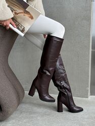 Чоботи з обтяжним підбором, натуральна шкіра, шоколад, демі/зима