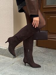 Чоботи з обтяжним підбором, натуральна замша, шоколад, демі/зима