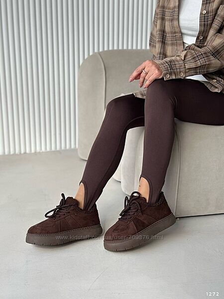 Стильні кросівки утеплені хутром тедді, шоколад