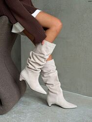 Чоботи, натуральна замша, світлий беж, демі/зима