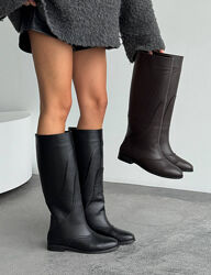 Чоботи - труби Shole, натуральна шкіра, чорні/коричнев, демі/зима