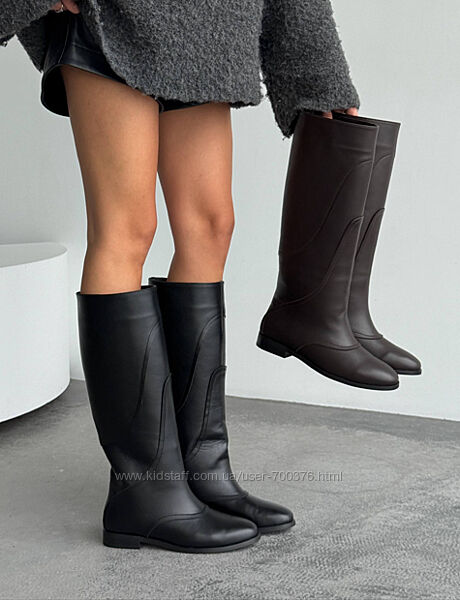 Чоботи - труби Shole, натуральна шкіра, чорні/коричнев, демі/зима