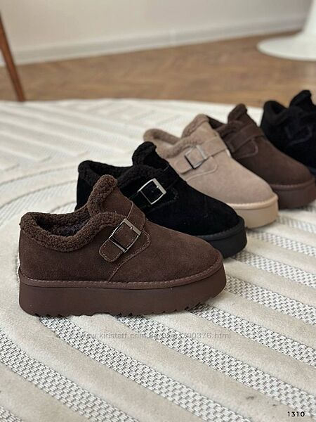 Черевики зимові на платформі, натуральна замша, шоколад/беж/чорні