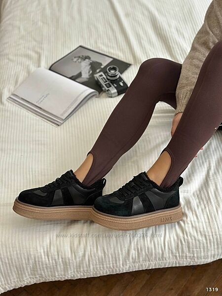 Кросівки зима, натуральна замша/шкіра, чорні, утеплені хутро тедді