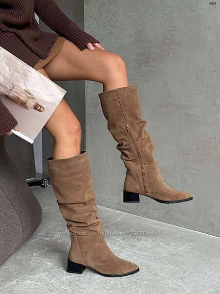 Чоботи на зручному підборі, натуральна замша, тофі, демі/зима