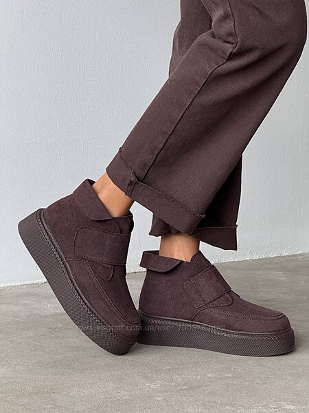 Зимові черевики на липучці, натуральна замша, шоколад/марроне