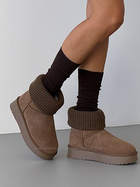 Уггі з імітацією шкарпетки, натуральна замша/в´язка, оливково - коричневі