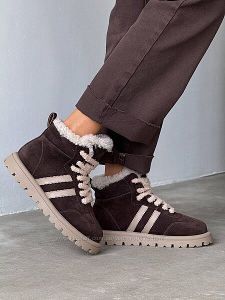 Черевики зимові на шнурівці Teddy, натуральна замша/шкіра, шоколад