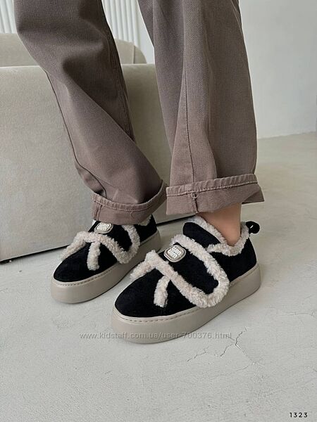 Зимові лофери на липучці, натуральна замша/хутро тедді, чорні