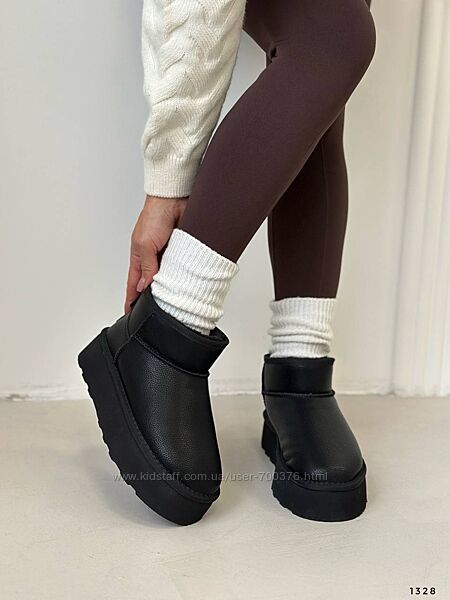 Класичні угги на завищеній платформі, натуральна шкіра, чорні