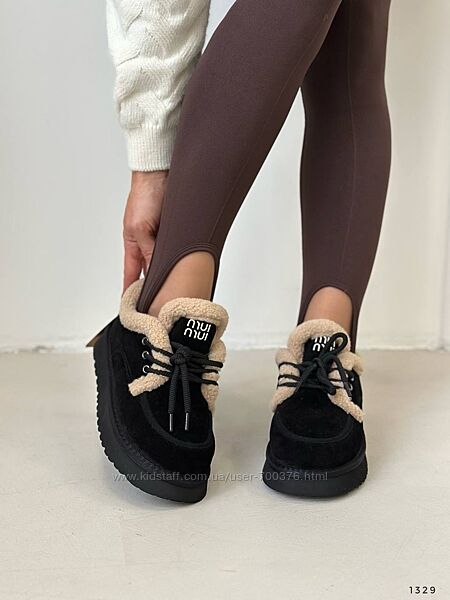 Зимові лофери на шнуровці, натуральна замша, чорні