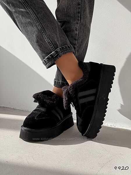 Угги в спортивному стилі Poli, натуральна замша, чорні, опушка натуральна