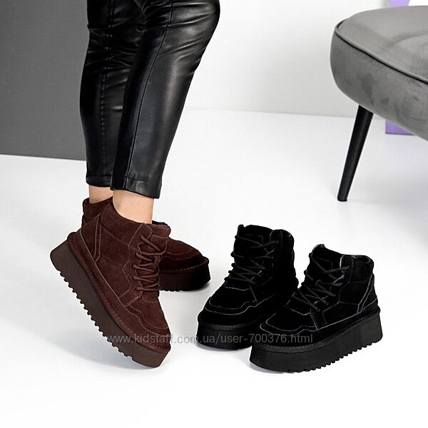 Уггі на шнурівці Leron, натуральна замша, шоколад/чорні