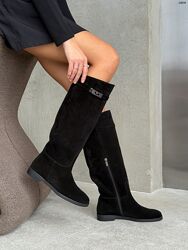 Чоботи - жокейки, натуральна замша, чорні, демі/зима