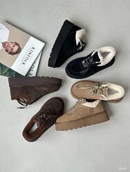 Черевики зимові на платформі, натуральна замша, чорні/шоколад/беж