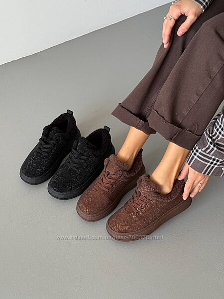 Кеди зима, з камінцями Boss Victor, натуральна замша/Teddy, чорні/шоколад