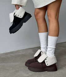 Зимові Черевики з відворотом Teddy, натуральна замша, чорні/шоколад