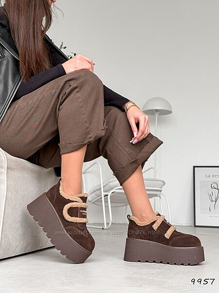 Черевики - угги зима Line, натуральна замша, шоколад