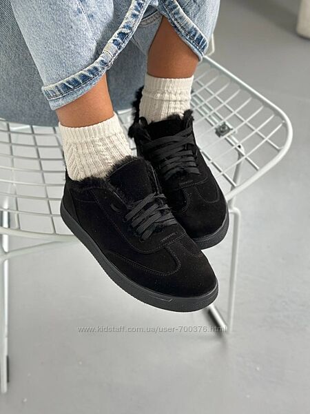 Кеди зимові, натуральна замша, чорні, на хутрі