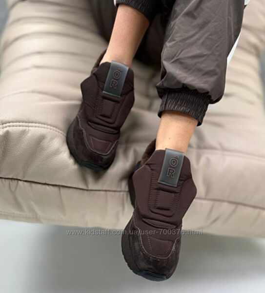 Кросівки - дутики на липучці, натуральна замша/плащівка, шоколад, Лімітовані