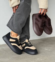 Зимові Кеди з хутром Teddy/натуральна замша, шоколад, чорні/беж