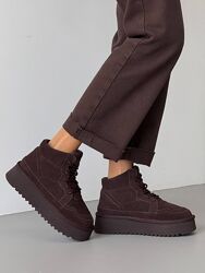 Зимові черевики на шнурівці, натуральна замша, шоколад