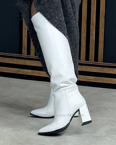 Чоботи - Труби демісезонні, натуральна шкіра, білі