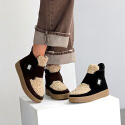 Черевики Sambir зима, натуральна замша/натуральне хутро, шоколад/чорні