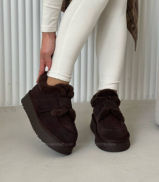 Черевики зимові на платформі шоколад, натуральна замша, фіксуються резинкою