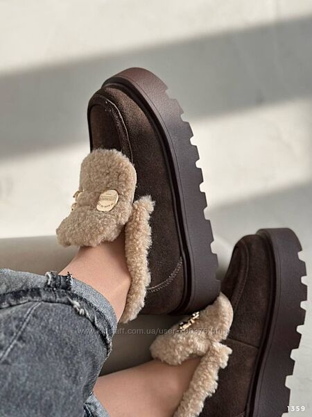 Лофери зима, на платформі, натуральна замша, шоколад