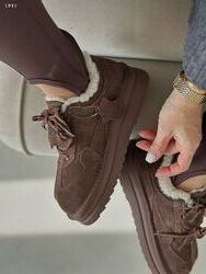 Сноубутси на шнуровці, натуральна замша/натуральна вовна, шоколад