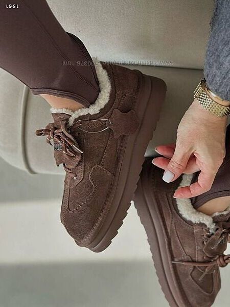 Сноубутси на шнуровці, натуральна замша/натуральна вовна, шоколад