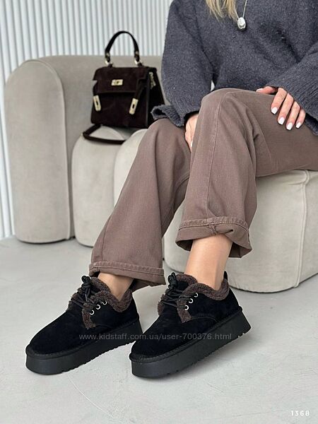 Черевики зимові на платформі, натуральна замша, чорні