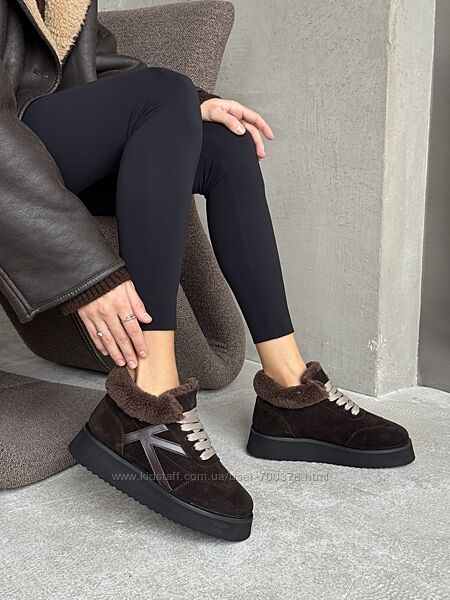 Сноубутси Alex Bens на шнурівках, натуральна замша, шоколад