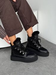 Зимові черевики на шнурівці, натуральна шкір/замша, чорні