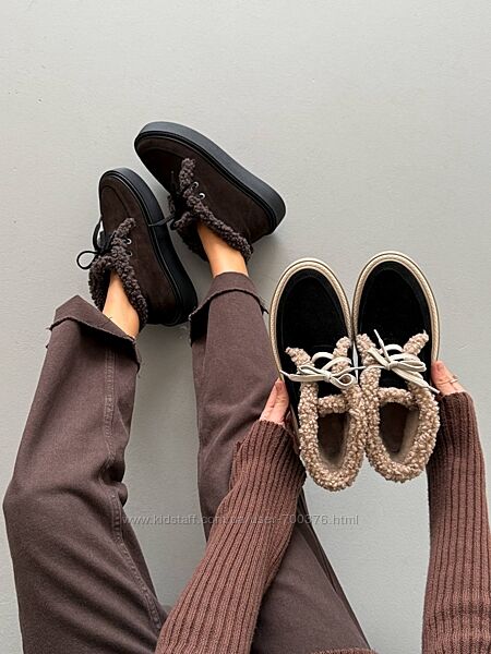 Зимові лофери на шнурівці з хутром Teddy, натуральна замша, шоколад/чорні