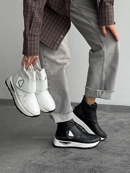 Зимові черевики на липучці, натуральна шкіра флотар, білі/чорні