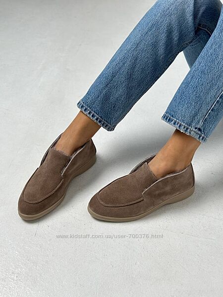 Лофери зимові, натуральна замша, бежеві, на хутрі, всередині цигейка