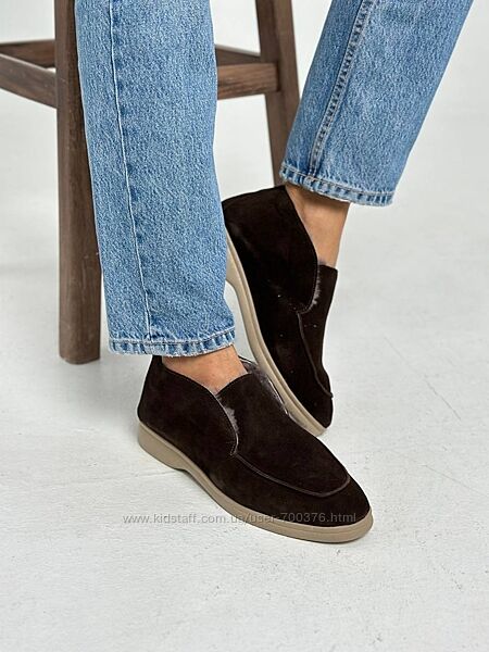 Лофери зимові, натуральна замша, шоколад, на хутрі, всередині цигейка