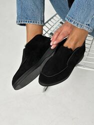 Лофери зимові, натуральна замша, чорні, на хутрі, всередині цигейка