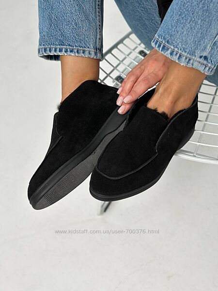 Лофери зимові, натуральна замша, чорні, на хутрі, всередині цигейка