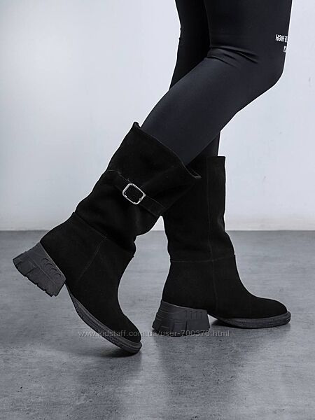 Високі черевики, натуральна замша, чорні, демі/зима