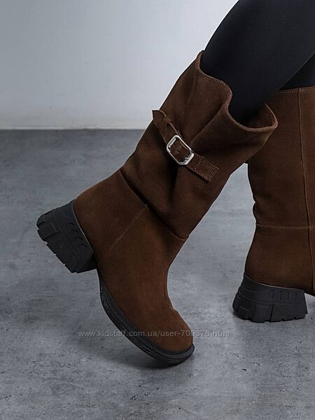 Високі черевики, натуральна замша, шоколад, демі/зима
