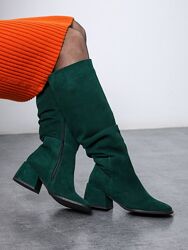 Чоботи, натуральна замша, зелені, демі/європейка