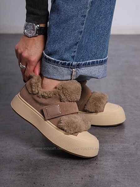 Зимові Кеди, натуральна замша, беж, на липучці, з хутром