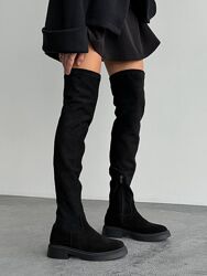 Ботфорти єврозима, низ натуральна замша/верх стрейч, чорні