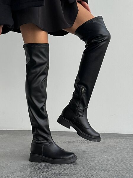 Ботфорти єврозима, низ натуральна шкіра/верх стрейч, чорні